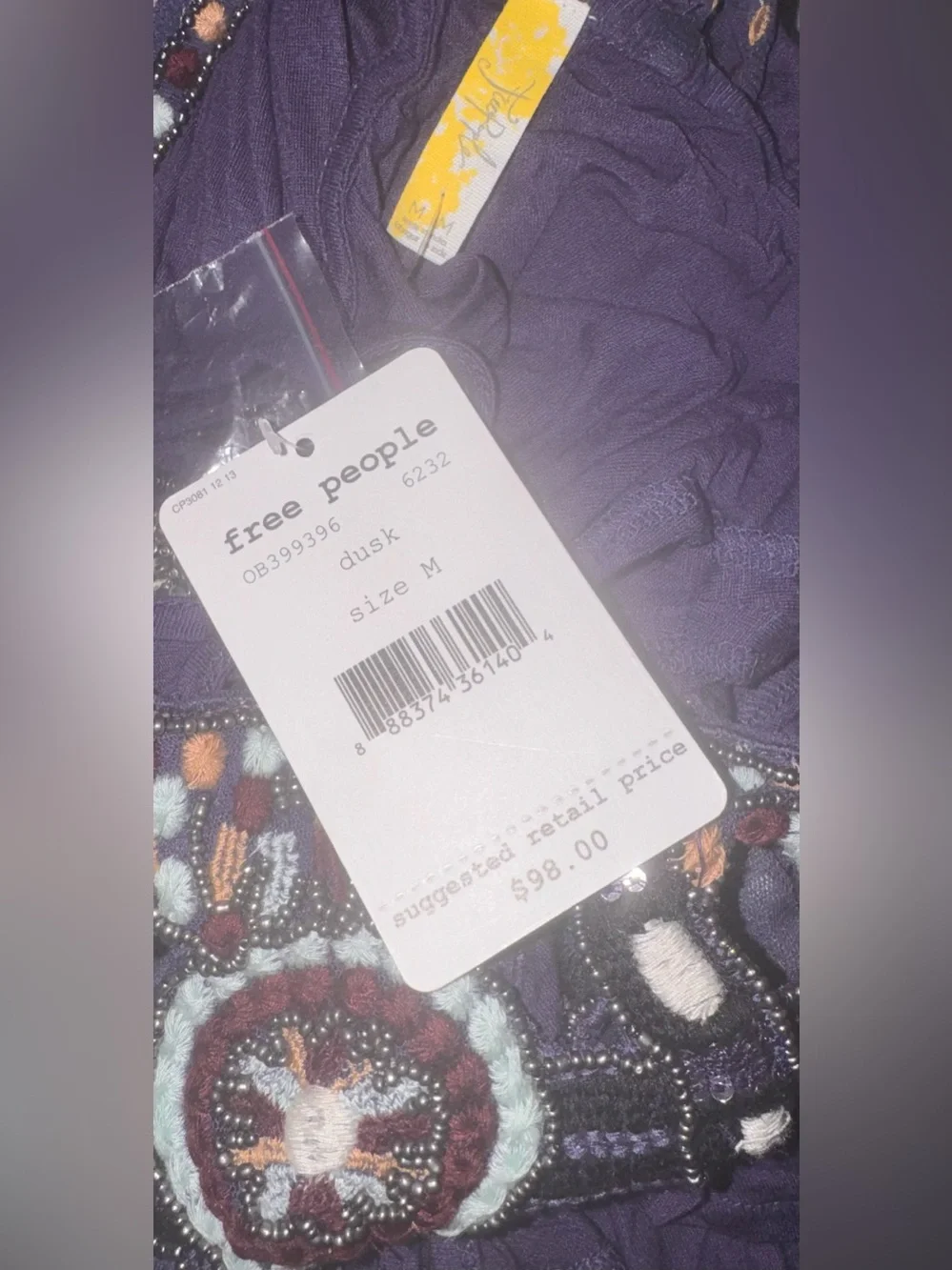 NWT Free People Long Open Purple Beaded Tank Top size Medium + OG FP Bag